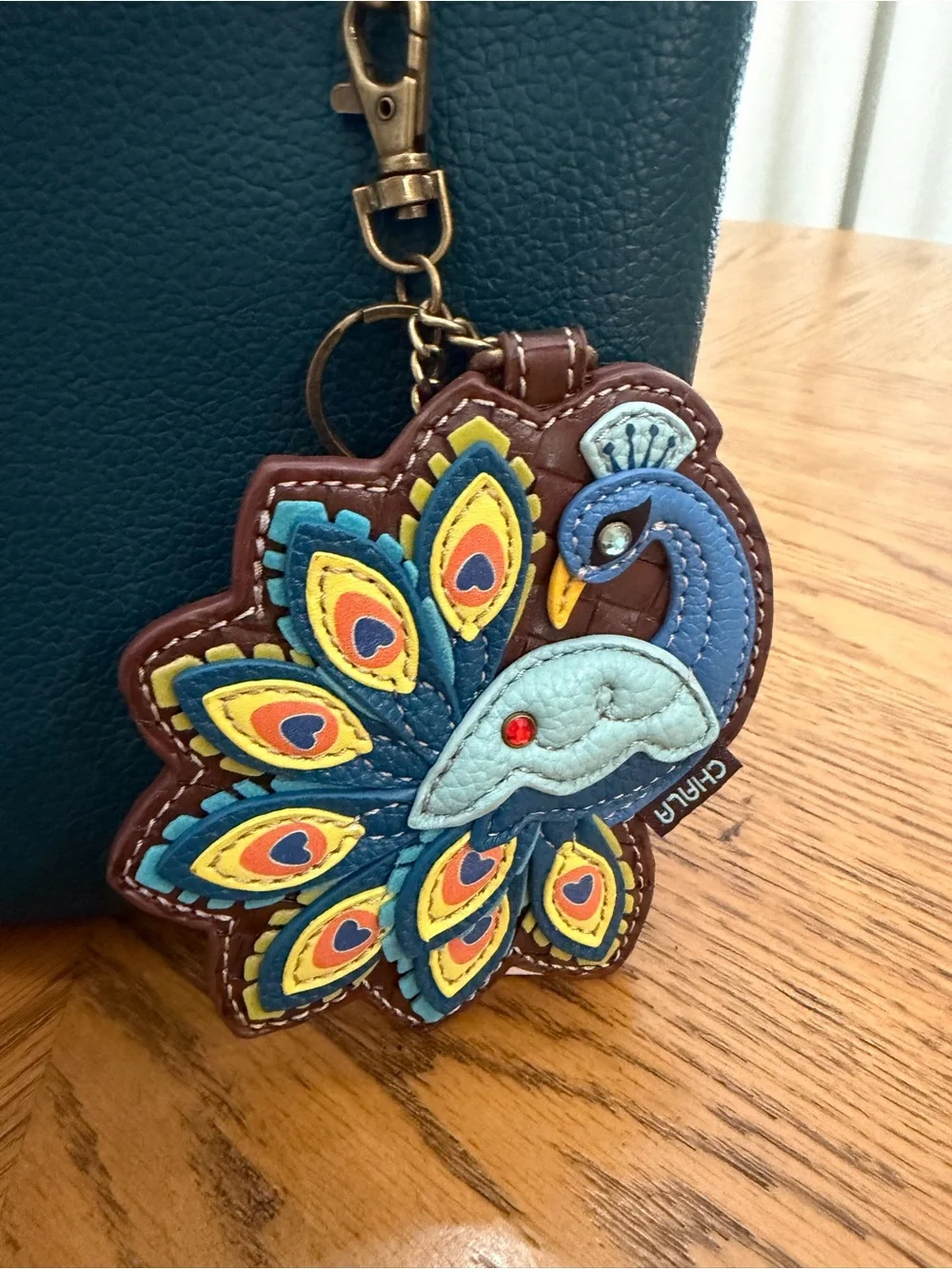 Chala Teal and Brown Leather Top-Handle Bag and Peacock Charm Purse